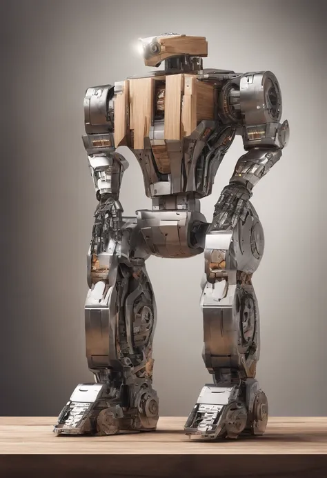 A futuristic metal robot, carefully stacking small wooden bricks inside a cardboard box.