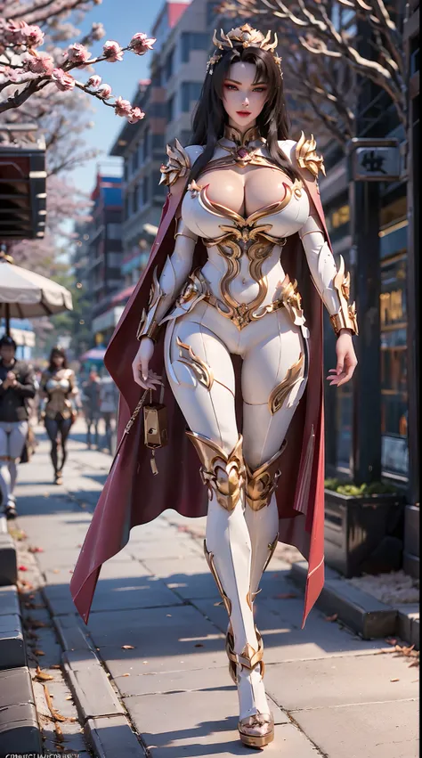 1GIRL, SOLO, (dark hair, hair gold ornament), (HUGE FAKE BOOBS:1.3), (white, red, gold, DRAGON MECHA BATTLE ARMOR, ROYAL CAPE, CLEAVAGE, SKINTIGHT YOGA PANTS, HIGH HEELS:1.2), (GLAMOROUS BODY, SEXY LONG LEGS, FULL BODY:1.5), (FROM FRONT, LOOKING AT VIEWER:...
