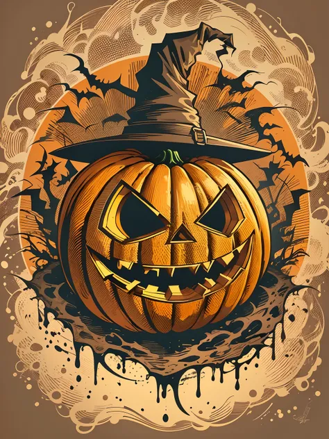 High quality design vector style image, t-shirt print style, graphic art white background of a scary Pumpki with Halloween pumpkin head, bright and realistic colors, fantasy style halloween backdrop