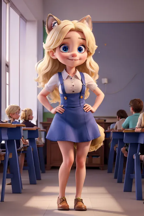 masterpiece, best quality, a midget wolf woman, standing at the classroom, blue eyes, blonde hair,