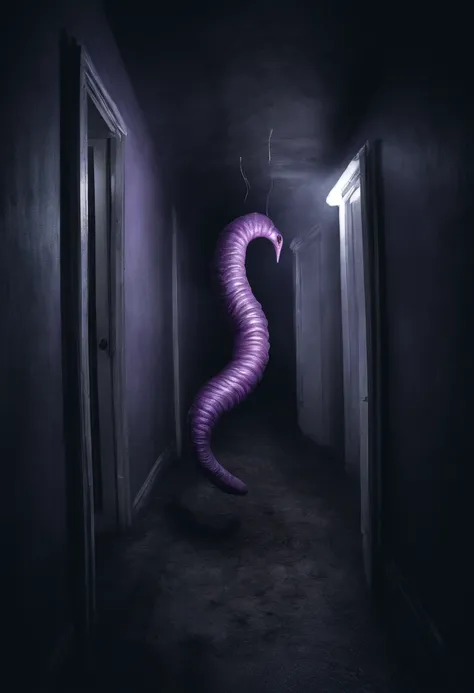 A purple fleshy worm hanging from the ceiling of a dark hallway. It has a circular mouth lined with teeth, like a leech.