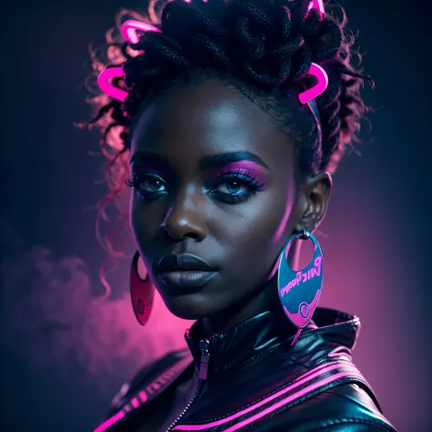 a beautiful black african woman in soft blue neon lighting, with a stern look, set against a vivid pink backdrop, surrounded by ...