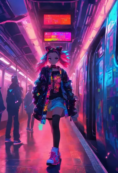 full-body, cheerful, a girl with a punk style, London underground, 720p, neon