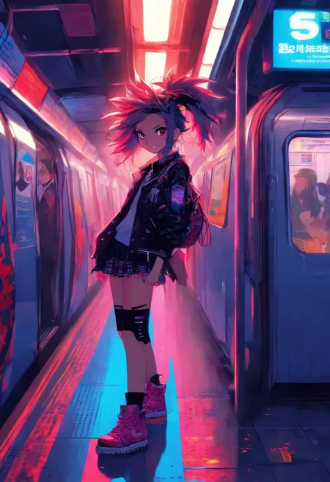 full-body, cheerful, a girl with a punk style, London underground, 720p, neon