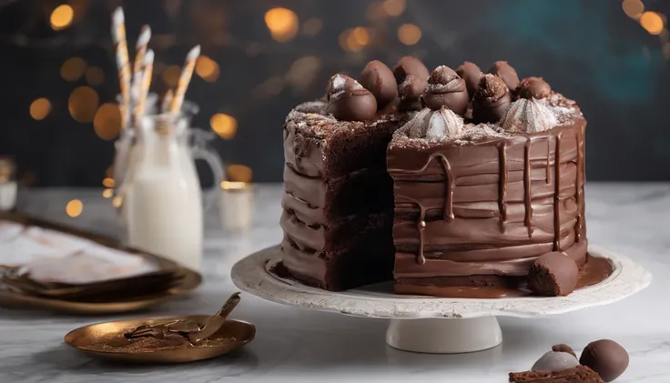 The image captures a close-up of a freshly sliced piece of the "Bolo de Chocolate Supremo." The cake is the centerpiece, e sua rica, Velvety texture is evident. A ganache de chocolate por cima brilha sob o macio, luz natural, accentuating your indulgent al...