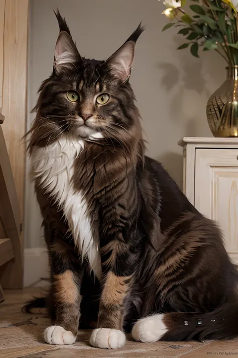 Realistic mage of a Maine Coon breed cat, mettant en valeur sa fourrure abondante et sa taille imposante, tout en ajoutant une ambiance chaleureuse et naturelle, Uses true-to-life colors and accurate details to best capture the distinctive characteristics ...