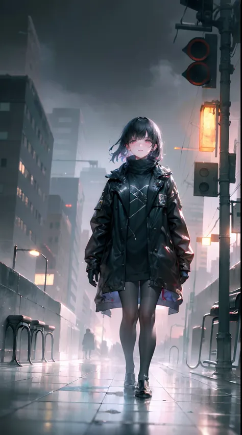 a desolate rainy city street, dark clouds looming overhead, empty winding alleys, broken streetlights, deserted buildings, people walking with heavy hearts, somber atmosphere, a lonely figure sitting on a wet bench, shadows engulfing the surroundings, a se...