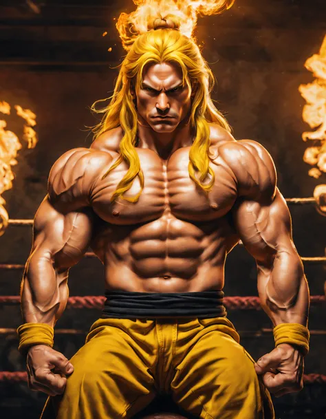 masterpiece,best quality,highres,Ken from street figher,bara,lifting fire ,naked,sitting ,erected big vein, fire around hands ,full of masculinity,manly,mature,handsome,huge,muscular,strong,in gym, street fighter, ken with long yellow hair (sf), nsfw