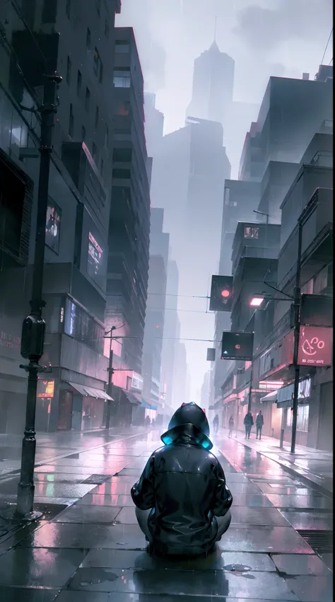 a desolate rainy city street, dark clouds looming overhead, empty winding alleys, broken streetlights, deserted buildings, people walking with heavy hearts, somber atmosphere, a lonely figure sitting on a wet bench, shadows engulfing the surroundings, a se...