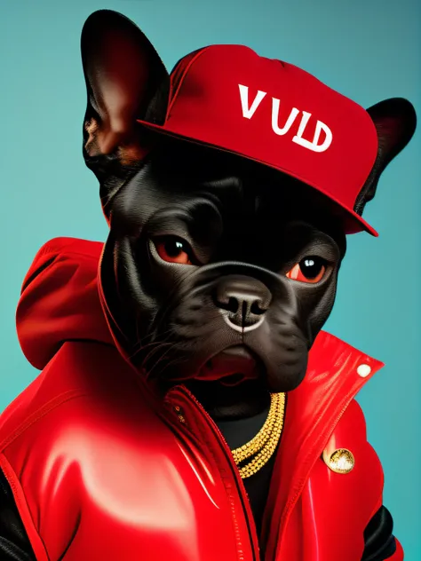 A black French bulldog wearing a red jacket and hat with music wrld lettering on it,