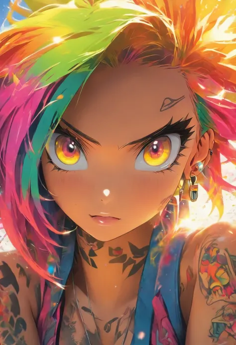 The most beautiful and sexy girl, Rainbow hair, yellow eyes, Wear a hoodie.,swimsuit,open chest, Tons of tattoos and piercings, highly detailed background, The perfect masterpiece, High Quality, high-res