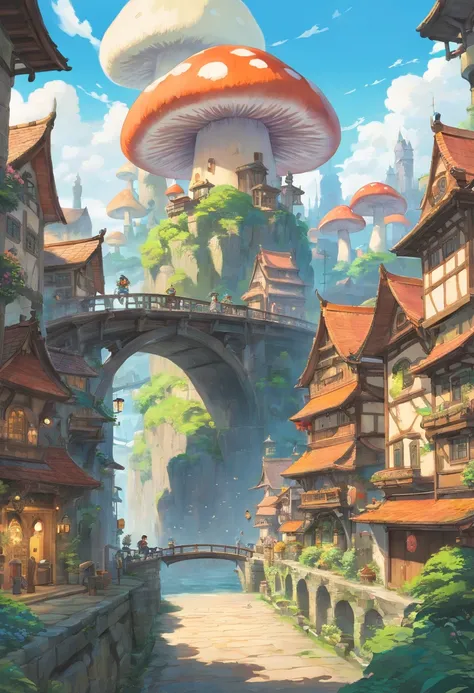 (masterpiece:1.2), extremely intricate details, ff14style, dynamic painting, depicting a bustling city with a majestic bridge spanning wide rivers, surrounded by towering giant mushrooms. The vast landscape bursts with vivid colors