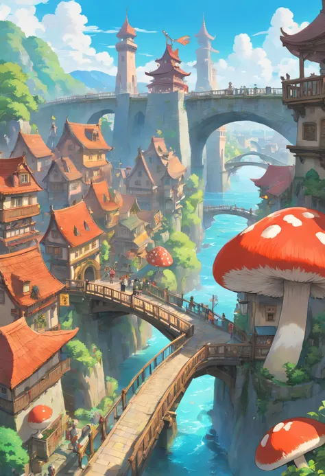 (masterpiece:1.2), extremely intricate details, ff14style, dynamic painting, depicting a bustling city with a majestic bridge spanning wide rivers, surrounded by towering giant mushrooms. The vast landscape bursts with vivid colors