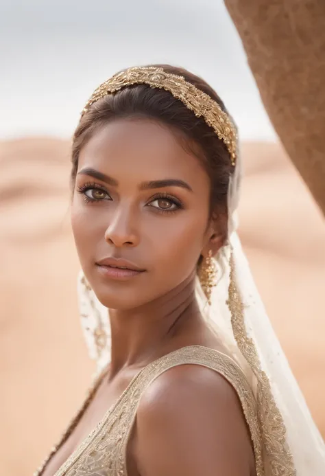 dark brown skin, beautiful face, veiled , african tribal theme, gold jewelry, ((crystal clear hazel eyes:1.2)), detailed eyes, beautiful eyes, ((masterpiece, UHD, 8K)), Depth of field, sand dunes, cleavage, large breasts, focus on eyes, breasts popping out...