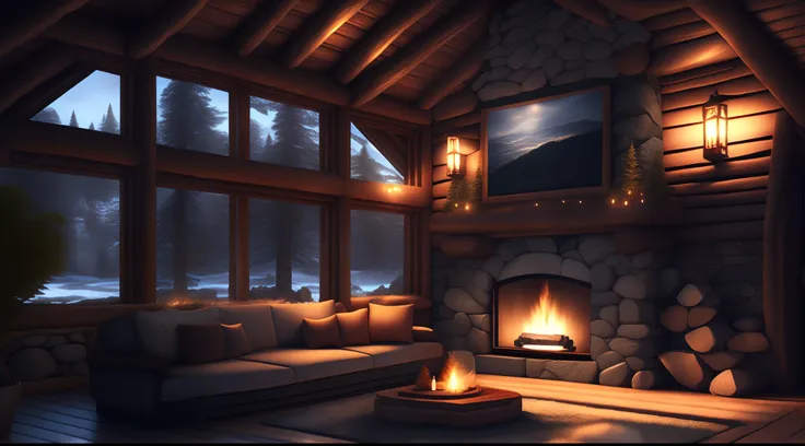 Log cabin living room anime background, tonight out there] (cozy atmosphere), (subtle lighting), semi-gloomy stone fireplace fire, this best quality dark night, transparent glass window