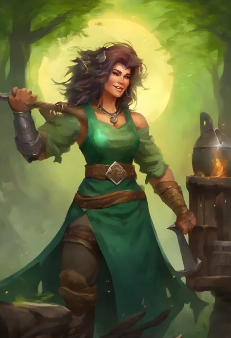 female blacksmith, muscular, female dnd orc, green skin (green skin), 70 year old grandma, mohawk hair (mohawk hair), forge, sweaty, big tusks teeth, Blacksmith Apron (Blacksmith Apron), small boobs