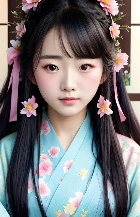 long hair, blue kimono, pink flowers, palace, hanfu, beautiful face, stunning face portrait, natural face, beautiful, cute, realistic, attractive, blushing