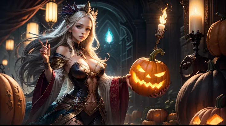 "A whimsical painting of a girl dressed as a sorceress, whimsically conjuring magic with a pumpkin and torch. Fantasy, vibrant colors, artistic, spellbinding, whimsical."