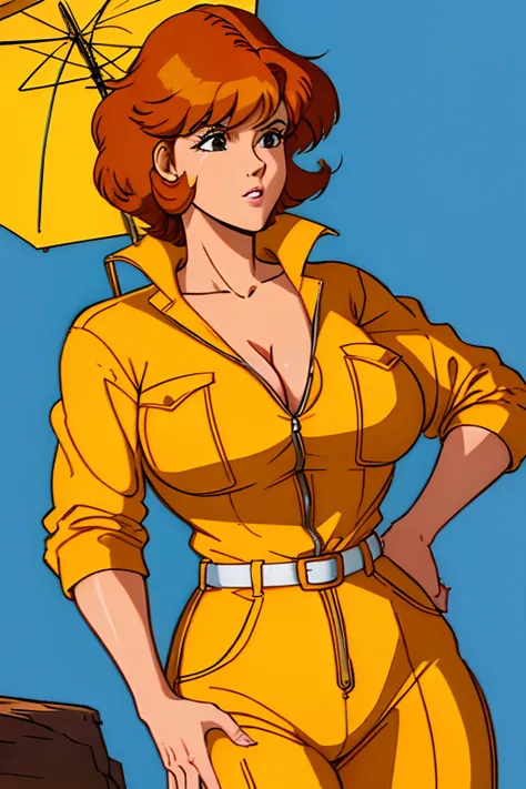 Cowboy shot, April ONeill, 1980s (style of), 1girl, brown hair, orange hair, retro artstyle, Short hair, 独奏, Yellow jumper suit, Hip jumper suit,, Huge_TITTIES, cleavage, big muscular