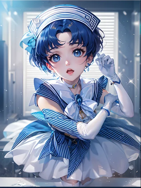 Masterpiece, Best Quality, High Resolution,(Sailor Mercury,) Mer1, Headgear, Sailor Warrior Uniform, Blue Skirt, Blue Sailor Collar, Tiara, Bow, Knee-length Boots, Collar, White Glove, Blue Collar, Elbow Gloves, Jewelry, Earrings, Pleated Skirt, Bokeh (85m...