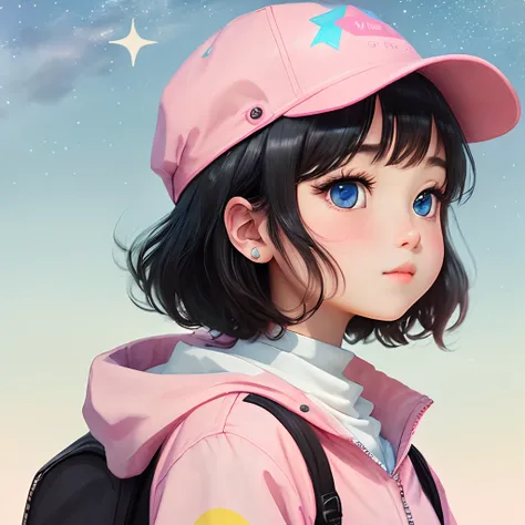 anime image for profile picture, girl with black hair and blue eyes, e-girl and kawaii girl, with a cute face cap, girl with cute cheeks, pink cheeks from shyness, background with stars and cute hearts