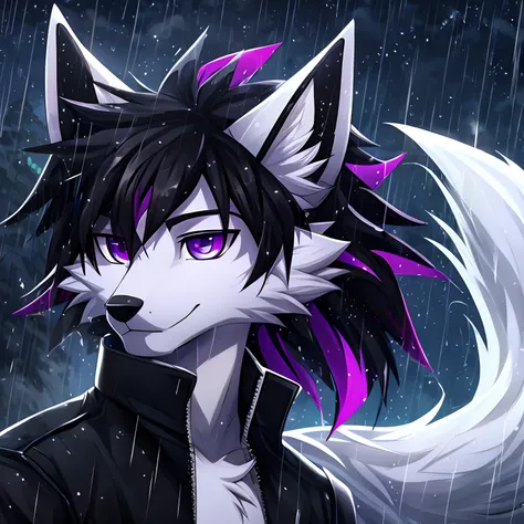 white fox, 18 year old male, has two horns on his head, purple eye color, black hair, would be wearing a black coat, it would be raining heavily at night, white tail color with a black tip,