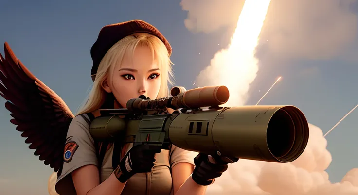 Female angel of death shooting rocket launcher