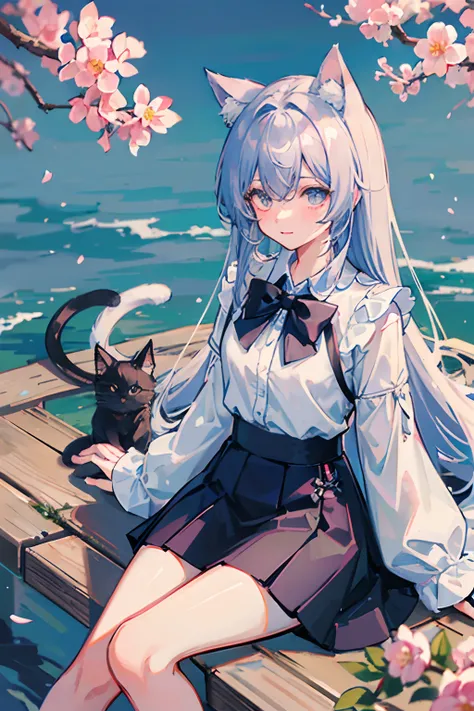 Kosho pear flower，flatchest，blue long hair，White short-sleeved shirt，Strap skirt，Black cat ears，a cat tail，Qi bangs，Sitting on a cherry blossom tree，Windswept hair，Cute girl