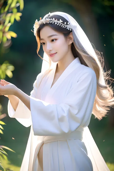 A beautiful female emperor, crystal clear skin, beautiful appearance, deep wisdom in her eyes, as if she has seen through everything in the world, dressed in a gorgeous white robe, holding a long sword, dancing robes in the breeze and silver hair flutterin...