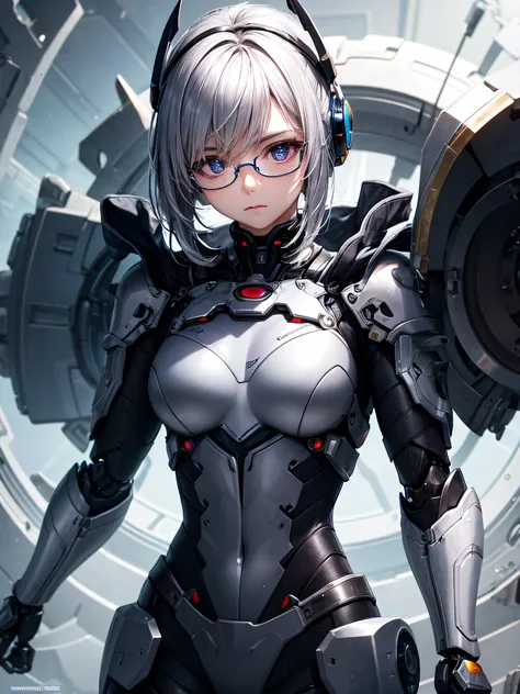 5 8K UHD、Silver metallic body mechanical beauty with glasses holding weapon、Shiny silver robot with hidden skin、Upper body only