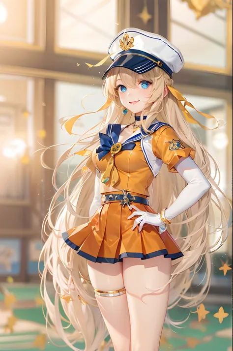 ​masterpiece, beste-Qualit, Hi-Res, venus1, 1girl in, 独奏, low angles,Sailor Senshi Uniform, sailorvenus, Minako Aino, blonde  hair, magical little girl, blue eyess, Panchira, Orange skirt,elbowgloves, tiarra, pleatedskirt, Hair Ribbon, orangesailorcollar, ...