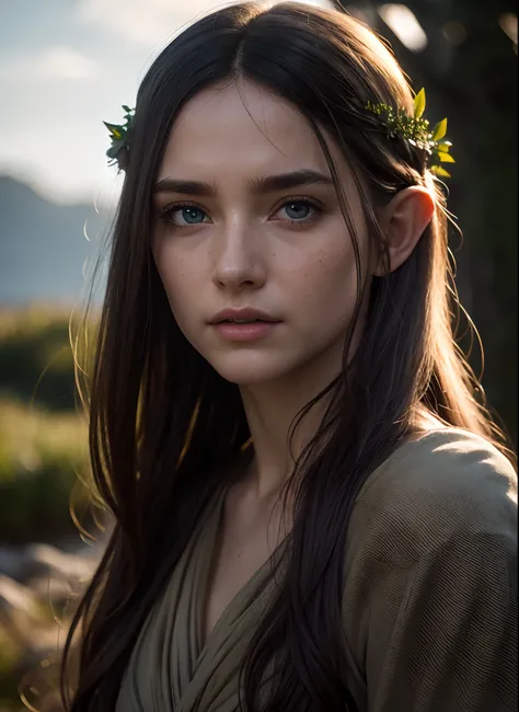 (detailed face, detailed eyes, clear skin, clear eyes), lotr, fantasy, elf, female, full body, looking at viewer, portrait, photography, detailed skin, realistic, photo-realistic, 8k, highly detailed, full length frame, High detail RAW color art, diffused ...