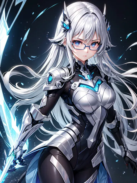 5 8K UHD、Silver metallic body mechanical beauty with glasses holding weapon、Shiny silver robot with hidden skin、Upper body only