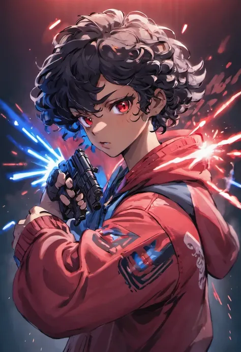 Closeup photograph, confident young angel with black curly hair, wearing a hoodie with red and blue designs on it, shooting a gun, photorealistic, cinematic lighting