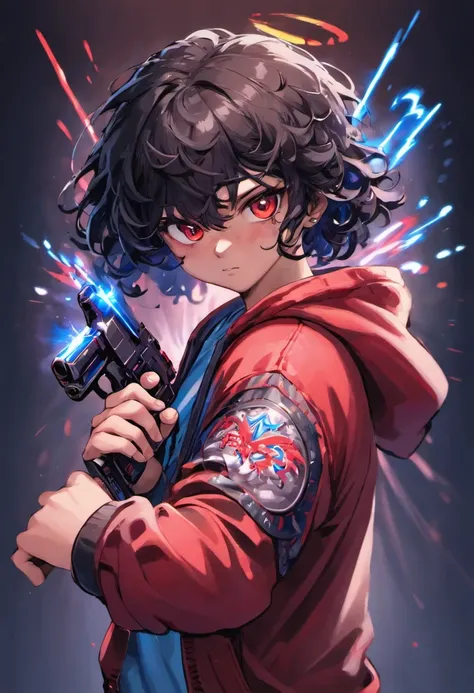 Closeup photograph, confident young angel with black curly hair, wearing a hoodie with red and blue designs on it, shooting a gun, photorealistic, cinematic lighting