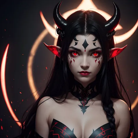 I have glowing red eyes, beautiful fair skin with markings all over my body in an eldritch pattern, and deep black hair that is down to my shoulders. My horns are dark black with little red and white horns around them like a crown