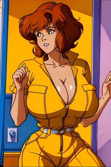 April ONeil, 1980s, anime style, 1girl, brown hair, orange hair, retro artstyle, Short hair, 独奏, Yellow jumper suit, Hip jumpsuit, big_TITTIES, cleavage, huge_muscle