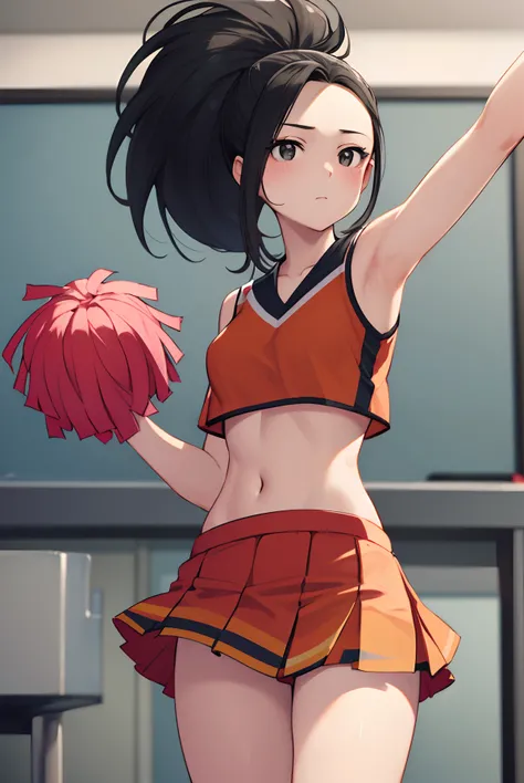 momoyaoyorozu, momo yaoyorozu, (black eyes:1.5), black hair, high ponytail, medium hair, ponytail, wide ponytail,
BREAK cheerleader, crop top, holding pom poms, midriff, navel, orange skirt, pink footwear, pom pom (cheerleading), pom poms, ponytail, skirt,...