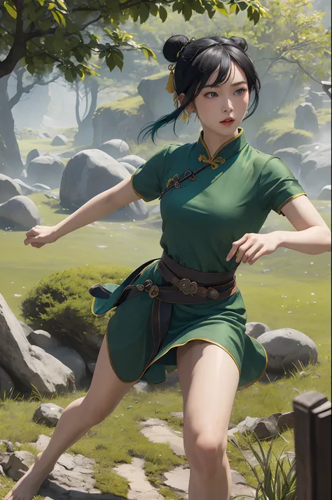 masterpiece, best quality, highres, 1girl, solo, black hair, hairband, belt, short hair, dress, blue eyes, hair bun, green hairband, blind, chinese clothes, hair bun, green dress, short sleeves, pelvic curtain, barefoot, fighting stance, rock, outdoors,