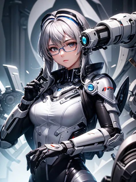 5 8K UHD、Silver metallic body mechanical beauty wearing glasses holding firearms、Shiny silver robot with hidden skin、Upper body only