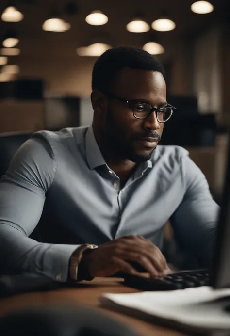 Portrait of a black man, 37 year old, working in an office in Paris, finacial topics, in front of a computer