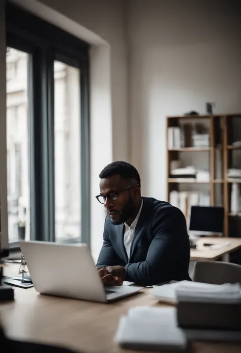 Portrait of a black man, 37 year old, working in an office in Paris, finacial topics, in front of a computer