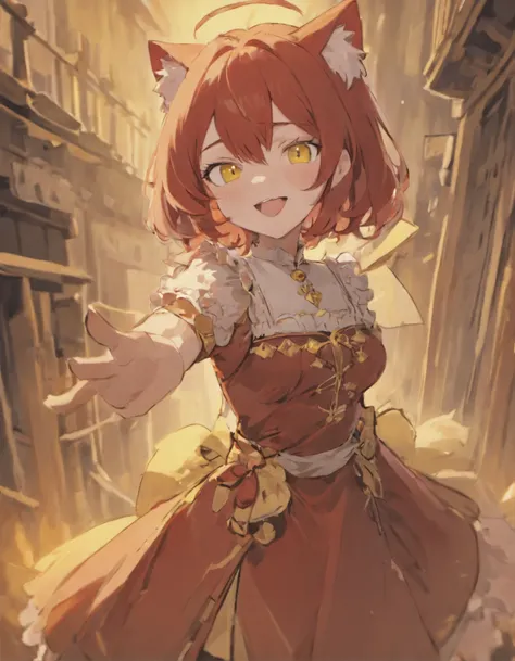 A cat girl with red hair and yellow eyes who always smiles. She wears a red Tudor style dress.