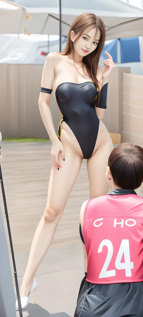 Super High Leg Competitive Swimsuit Black、Colossal tits、vests、Crotch Superbite、Savage competition swimsuit、Im wearing pin heels、8K、broach、Lustrous skin、Sexy Body Line