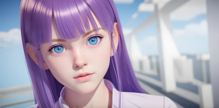 girl with purple hair and blue eyes looking at the camera, photorealistic girl render, close up of a young girl, render of a cute girl, smooth, 8k portrait render, high detailed face,