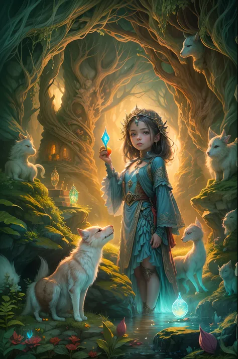 "Artistic rendering, fantasy realm, girl and her magical companions, luminous cave, extraordinary magic, epic adventure, intricate details