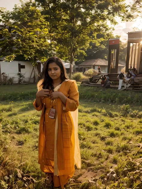 there is a woman standing in a field holding a Jawa, candid picture, at college, taken with the best dlsr camera, wearing bihu dress mekhela sador,