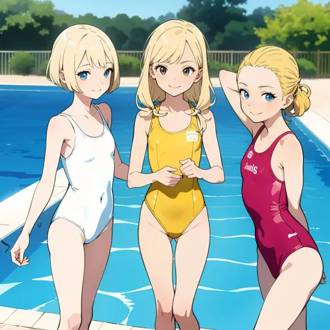 (masterpiece, best quality), 3girls, petite, loli, slim, small breast, blonde hair, white one piece swimsuit, smile, standing by a swimming pool, bright sunlight, vibrant colors, watercolor