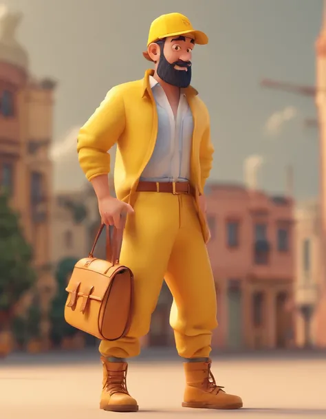 Homem estilo cartoon, com barba, bonnet, Botas de trabalho, camisa polo amarela, baggy pants.