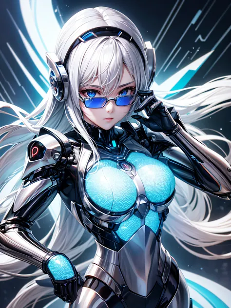 5 8K UHD、Mechanical beauty with shiny silver body wearing glasses is posing、Shiny silver robot with hidden skin